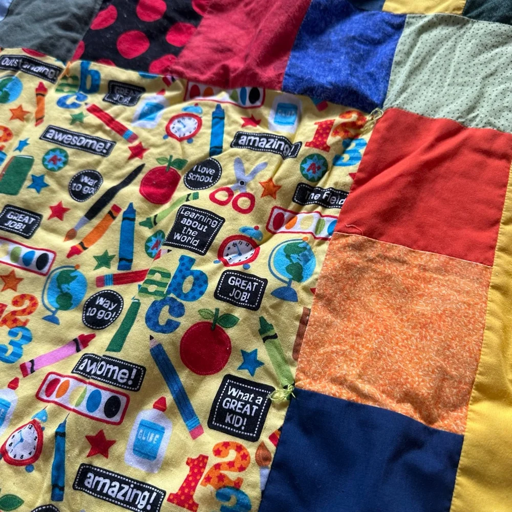 Multicolor Patchwork Twin Quilt with School Theme Handmade